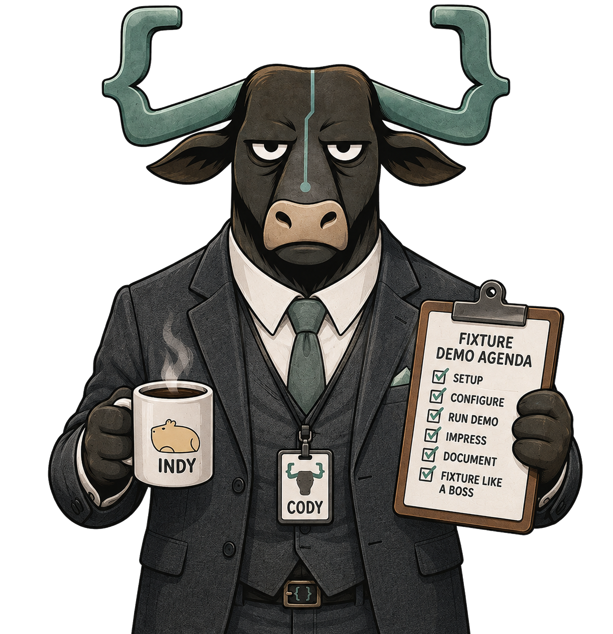 Cody, the CodeDrovers longhorn, in a three-piece suit holding a coffee mug and a Fixture Demo Agenda clipboard